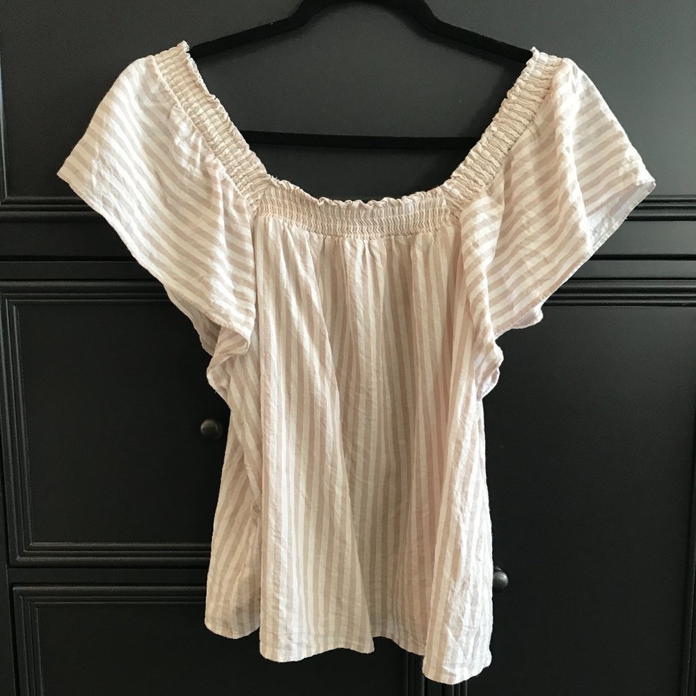 Tan & Cream Stripe Off the Shoulder Ruffle Short Sleeve Linen Top Size S